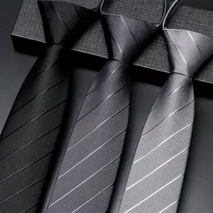 TrendyTinsel Treasures 3pcs Mens 1200 Thread Polyester Zipper Tie Set Classic Retro Business Style for Work Interview Banquet Gift Black Gray Navy