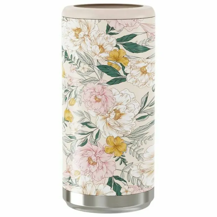 Floral Print - Slim Can Cooler - Stainless Steel Skinny Can Cooler for Slim Beer & Hard Seltzer | Stainless Steel - 12oz Sleeve, Double Wall Vacuum Insulated Drink Holder