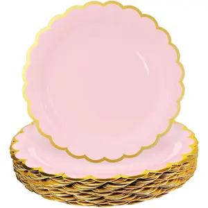 50 Pieces Light Pink Paper Plates with Gold Foil 7 Inch Disposable Pink Scalloped Dinner Plates for Wedding Baby Shower Birthday Party Dessert Plate