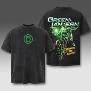 Green Lantern Superhero DC Comic Double Printed Oversize Lightweight Acid Washed Tee, Character Comics TV Series Graphic Design Unisex Top Cotton Streetwear T-Shirt Clothes Menswear