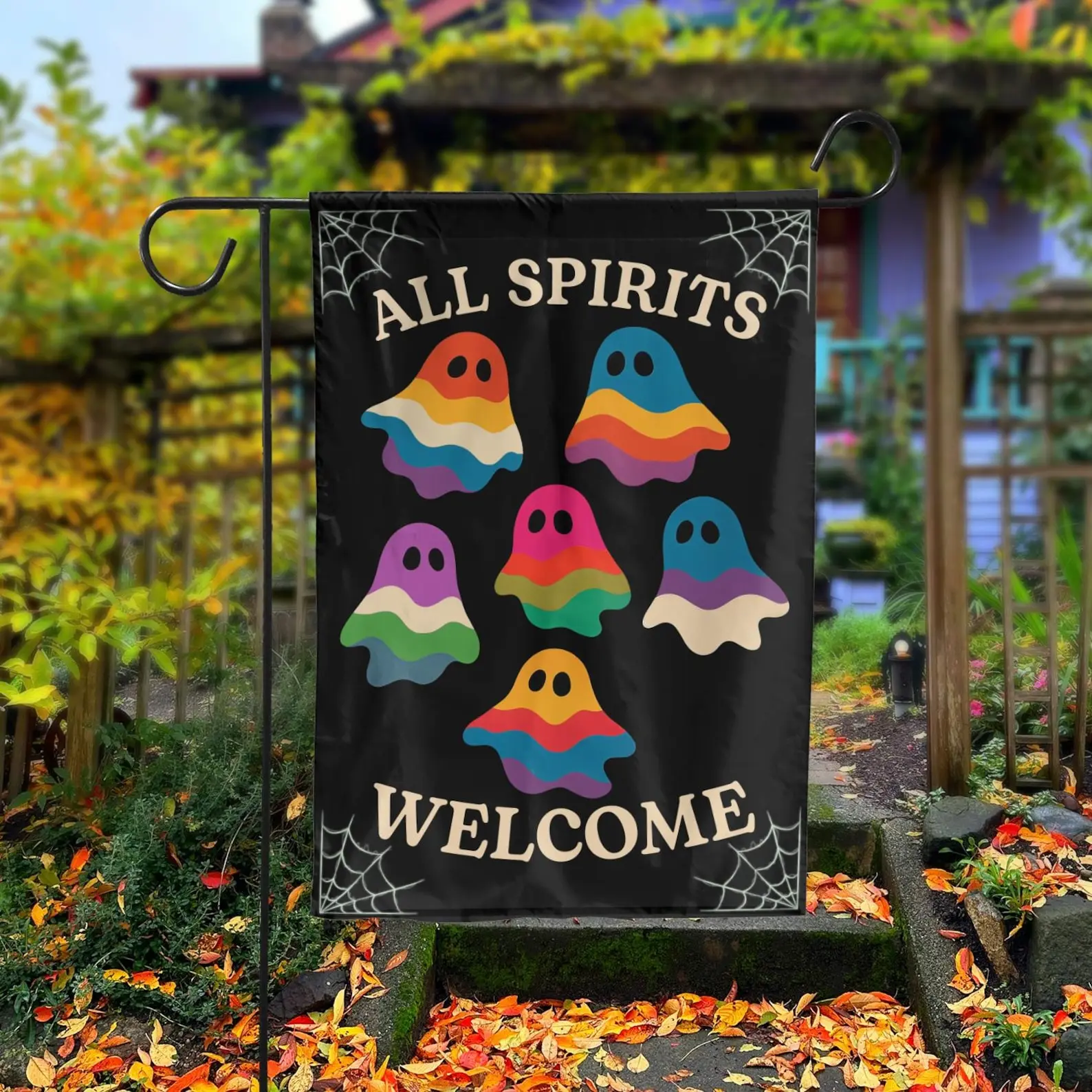 All Spirits Halloween Garden Flag, Halloween Decor, Pride Rainbow Ghost Fall Gift