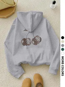 Women's Leopard Print Cherry Letter Hoodie, Casual Loose-Fit Plaid Hooded Sweatshirt with Drawstring Pocket, Fall & Winter Fashion