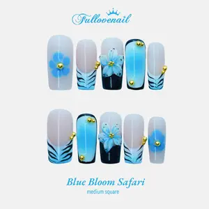 Fullovenail Medium Square Shape 10 PCS Zebra Print Blue Hand Made Press on Nail REUSABLE 3D Gel Fake Nails Acylic Press on Nail/Summer 2025 party press