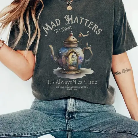 Women's Tea Pot & Letter Print Round Neck Tee, Vintage Trendy Casual Short Sleeve T-shirt for Daily Wear, Ladies Summer, Top