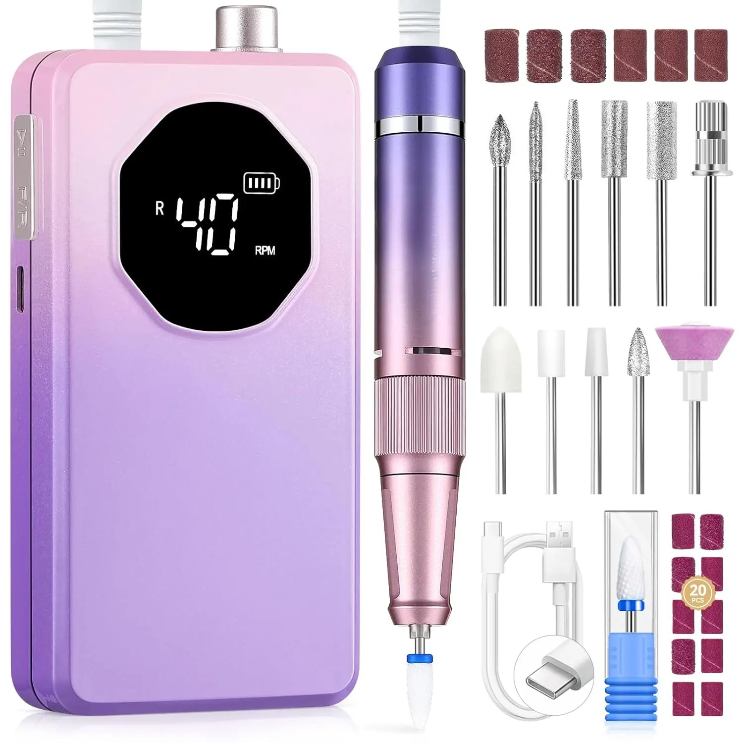 Nail Drill Professional: 40000RPM Electric Nail Drill 30S Fast Removal for Acrylic Nails Low Noise Electric Nail File Long-Lasting Manicure Pedicure Mobile Tech & Salon for Gifts for Women(Gradient Purple)