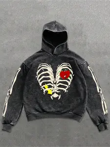 Unisex Hooded Sweatshirt Skull Heart Print, Street Hip-Hop Fashion, Casual Loose-Fitting Long Sleeve Pullover, Hot Trending Hoodies