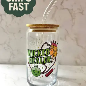 Libbey Wicked Themed Glass Cup 16oz UV DTF with Lid & Straw Aesthetic Reusable Tumbler for Nurses The Wicked Healer Drinkware - Bottle Mug Bottles Portable