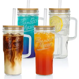 24oz Glass Cups with Lids and Straws - Glass Tumbler cup with Handle Perfect for  iced coffee Bottles Drinkware