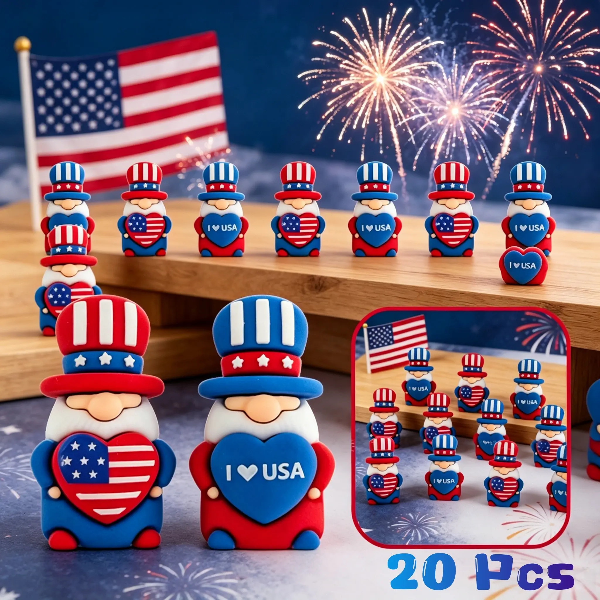 20 Pcs 4th of July Mini Patriotic Gnomes Decorations Independence Day Decor Tiny Small Miniature Figurines for Veterans Memorial 250th Anniversary Party Favors Bulk Gifts Home Table Ornaments Decor Tabletop Decor Decorative Piece