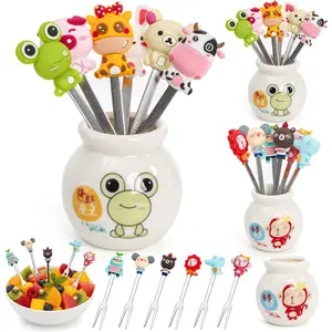 24 Pieces Food Picks, Mini Animal Fruit Fork with Silicone Handle Ceramic Storage Holder, Stainless Steel Bento Toothpick Set for Picky Eater, Home Party Salad, Cake, Dessert