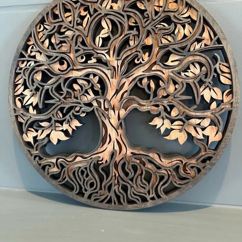15” Tree of Life Wall Art | 4-Layer Laser Cut Wood Mandala | Hand-Stained Plywood Decor | Nature-Inspired Statement Piece