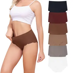 LEVAO Women's Seamless High Waisted Underwear Full Coverage No-Show Bikini Wave Edge Underwear Female Ice Silk Panties 6 Packs S-XXL