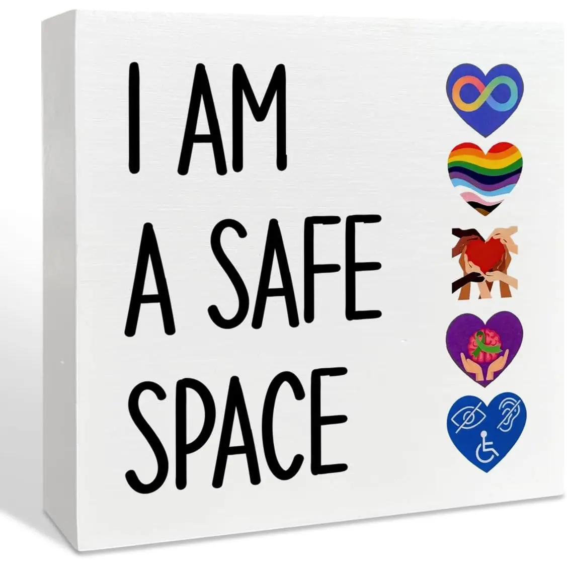 I Am A Safe Space LGBTQ Pride Autism Awareness Disability Support Wooden Box Sign Desk Decor for Home Office, Inclusion & Equality Gifts for Teachers, Therapists, Social Workers