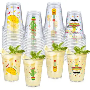100 Pack 12 oz Fiesta Cups Plastic Mexican Cups Clear Disposable Mug Cinco De Mayo Party Decorations for Fiesta Taco Birthday Party Drinkware Supplies, 4 Styles