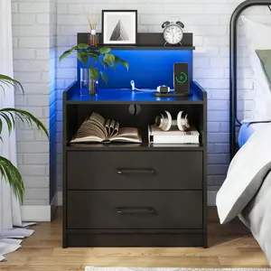 LED Nightstand With Charging Station, Night Stand With 2 Drawers And Open Storage, Bedside Table With LED Lights, Modern End Table With USB Ports Outlets