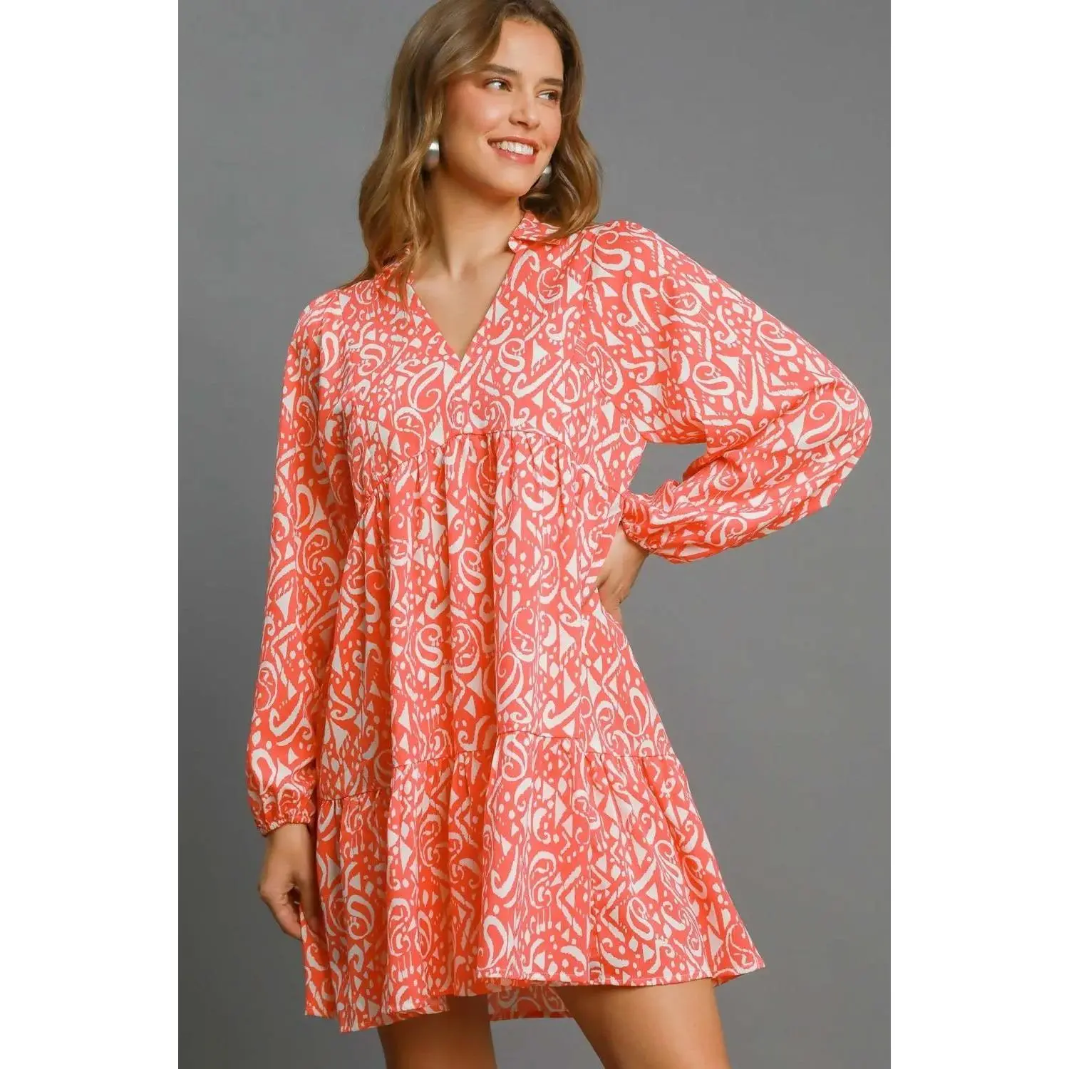Umgee Full Size Two Tone Print Balloon Sleeve Tiered Dress Plus Size