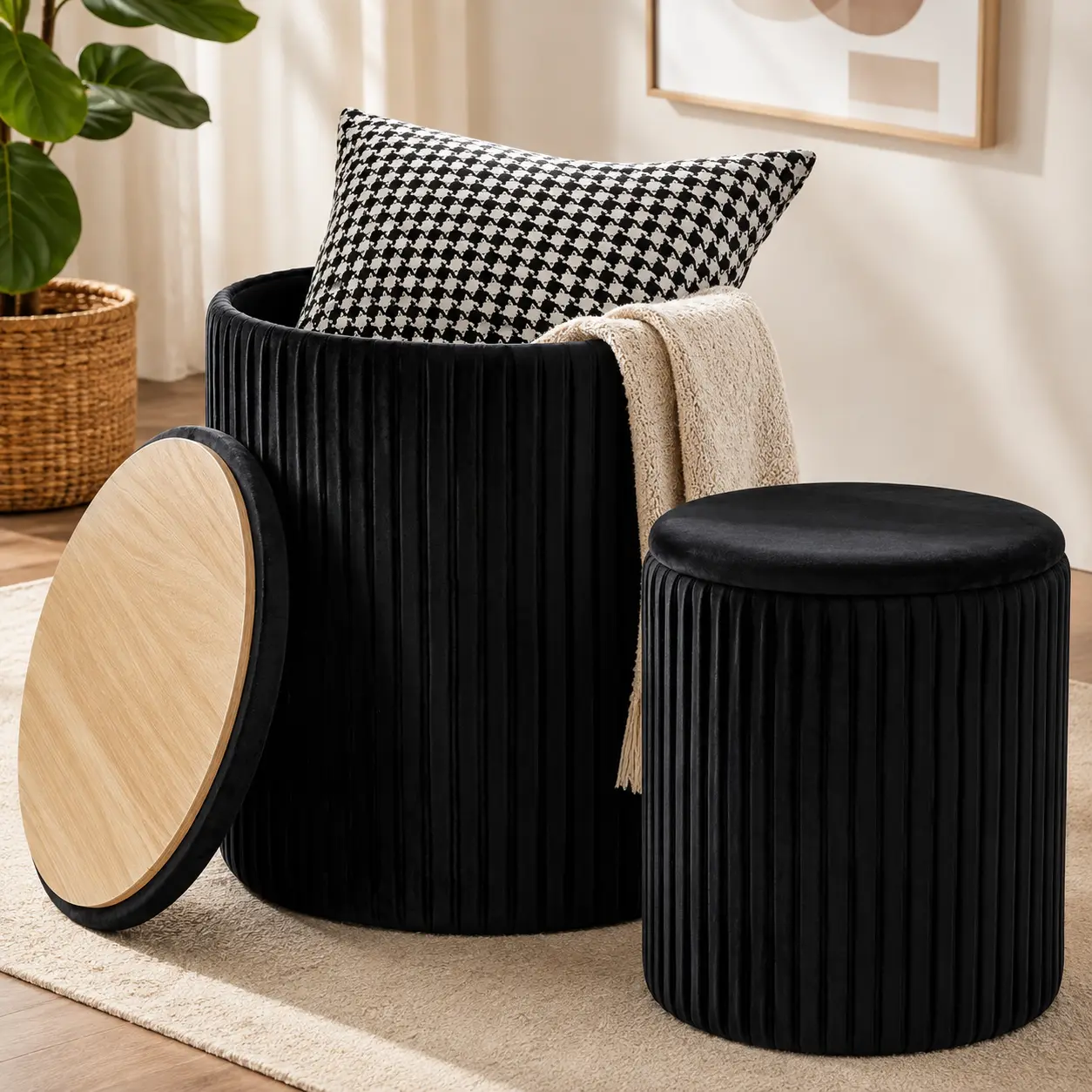 Sweetcrispy 2-Pieces Velvet Foldable Round Storage Ottoman Set - Upholstered Footstool, Durable Wood Frame Supports Daily Use, Stackable, Green Vanity Stool, Furniture for Small Spaces, Ready-to-Use Living Room Furniture