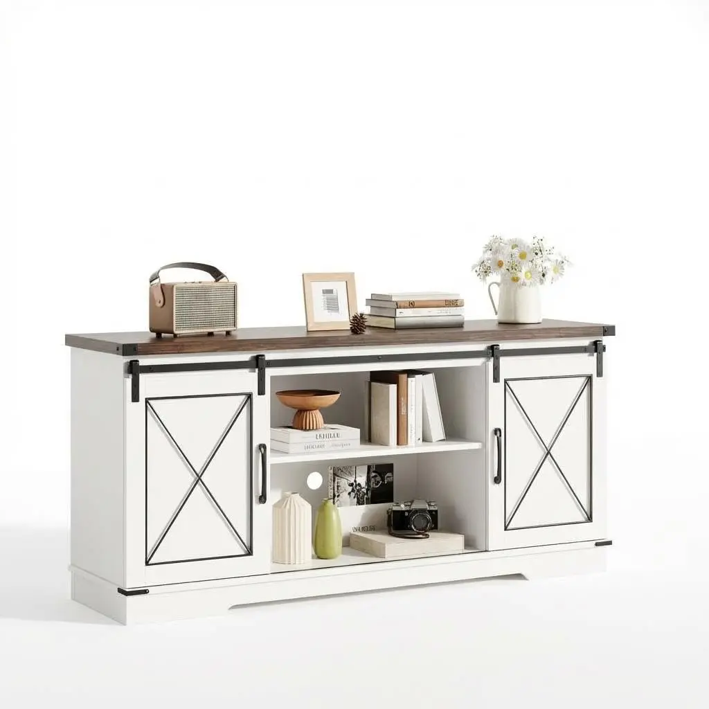 GAOMON Farmhouse TV Stand, PB Board Media Console with Sliding Barn Doors, Adjustable Shelves & 150x40.5x70cm Dimensions, 65" TV Compatible Living Room Storage Credenza