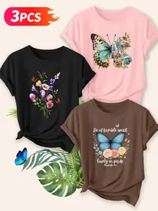 3 Piece Women's Butterfly Floral Print Cotton T-Shirt Set, Loose Crew Neck Short Sleeves, Soft Breathable Fabric for Summer Aesthetic