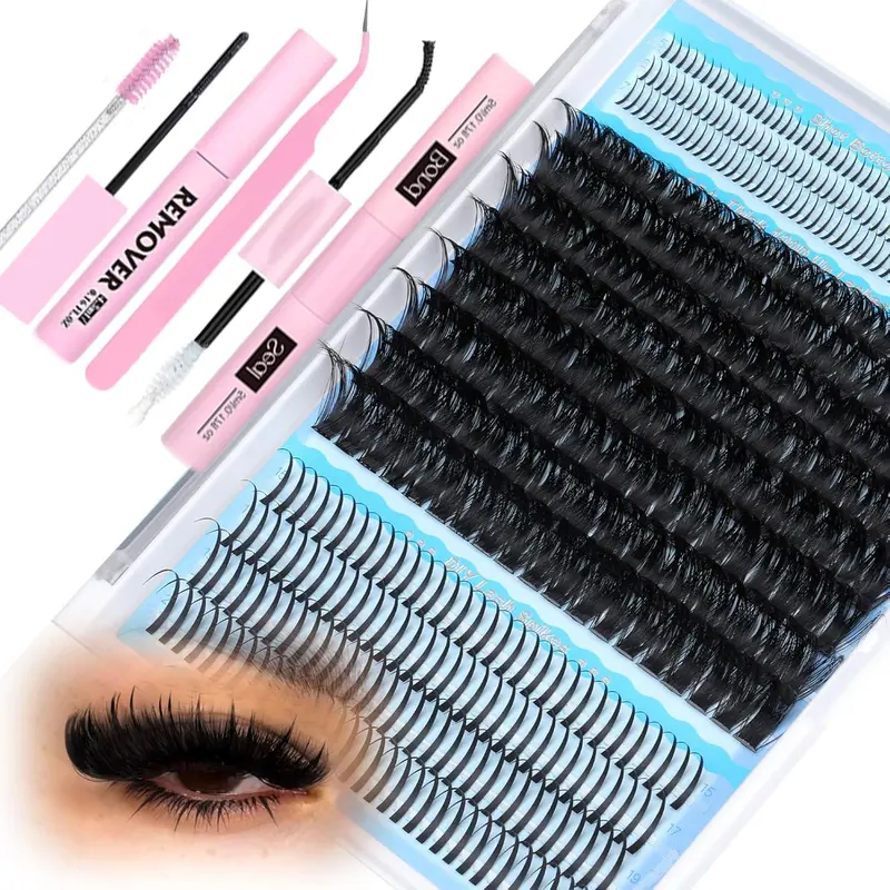 False Eyelashes Kit with Eyelash Glue & Tweezers & Brush & Lash Remover, 414pcs D Curl Mixed Length Fake Eyelash Clusters for Eyelash Extensions, Makeup, DIY Eyelash Set