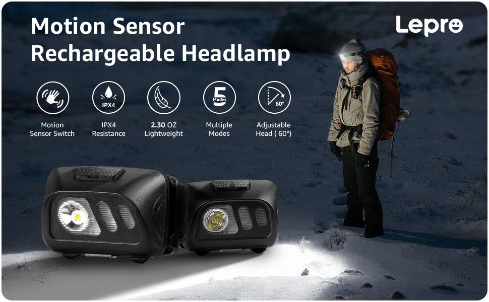 Lepro Rechargeable Headlamp with Motion Sensor - 1500Lux LED Head Lamp with Red Light for Outdoor Activities, camp accessory