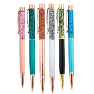 6pcs Glitter Fancy Crystal Pens Bulk for Women Adults Floating Bling Liquid Sand Flower Ballpoint Cute Pens with Refills Writing Metal Black Ink Gift Office School Decor(Liquid Style)