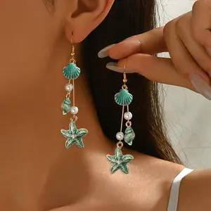 Women Earrings Vintage Bohemian Style Geometric Pendant Tassel Long Earrings 1 Pair Blue Starfish Spring Summer Ocean Vacation All Year Casual Daily Beach Vacation Party Festival Gift Versatile Ea Elegant Marine Creatures Oil Dripping