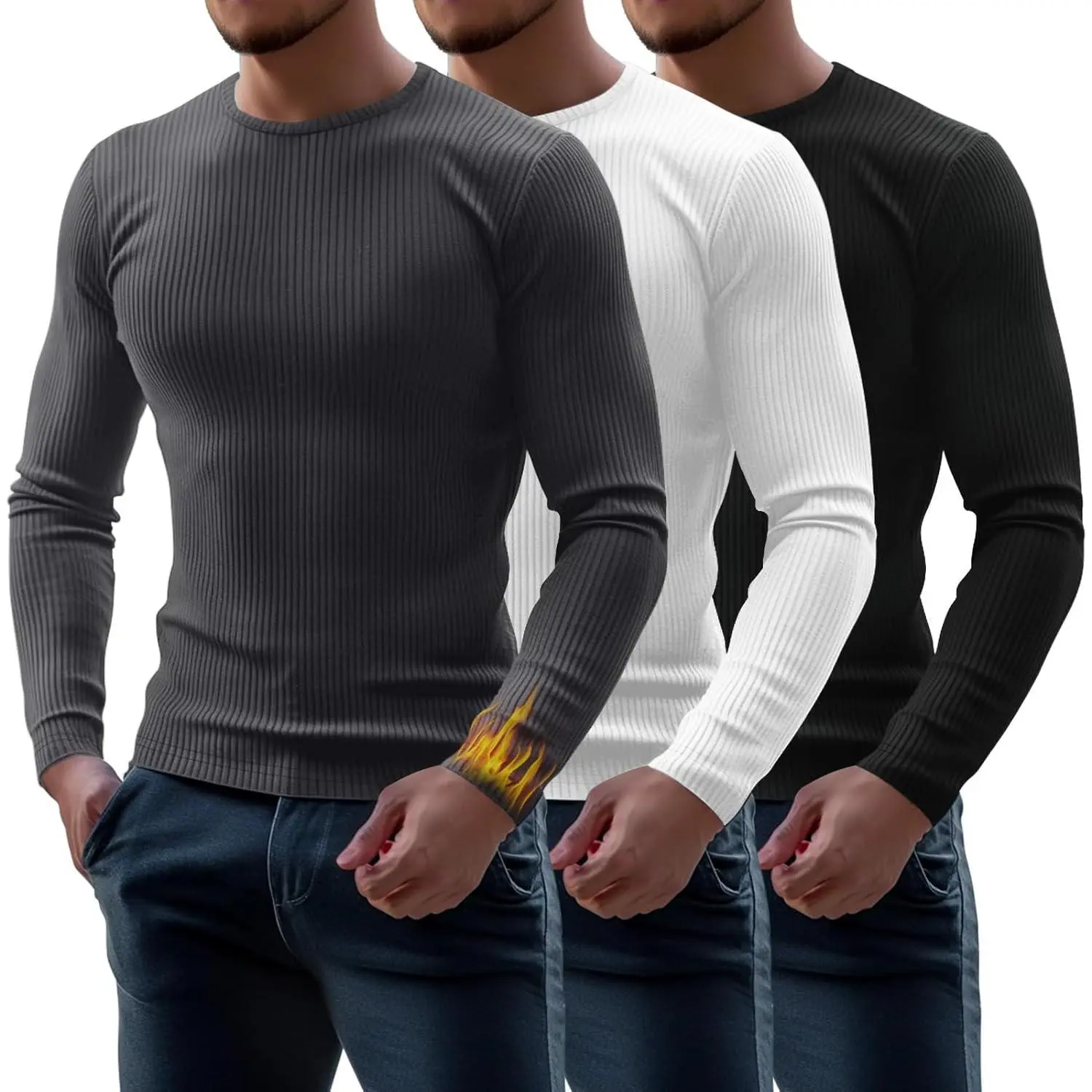 3 Pack Men's Ribbed Thermal Shirts Crew Neck Long Sleeve Tops Winter Stretchy Slim Basic Undershirt