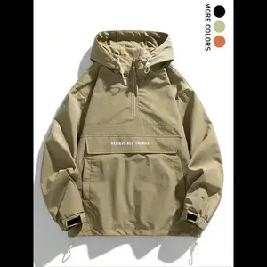 Men's Letter Print Drawstring Pocket Half Zipper Hooded Jacket, Regular Fit Windbreaker Jackets, Casual Long Sleeve Windproof Outerwear for Fall & Winter, Coat, Hoodie for Men, Men's Clothes for Daily Wear, Jackets for Men