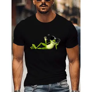 Frog Print Casual Tee for Men - Soft Polyester Blend, Short Sleeve, Round Neck T-Shirt - Perfect for Summer, Frog Decor