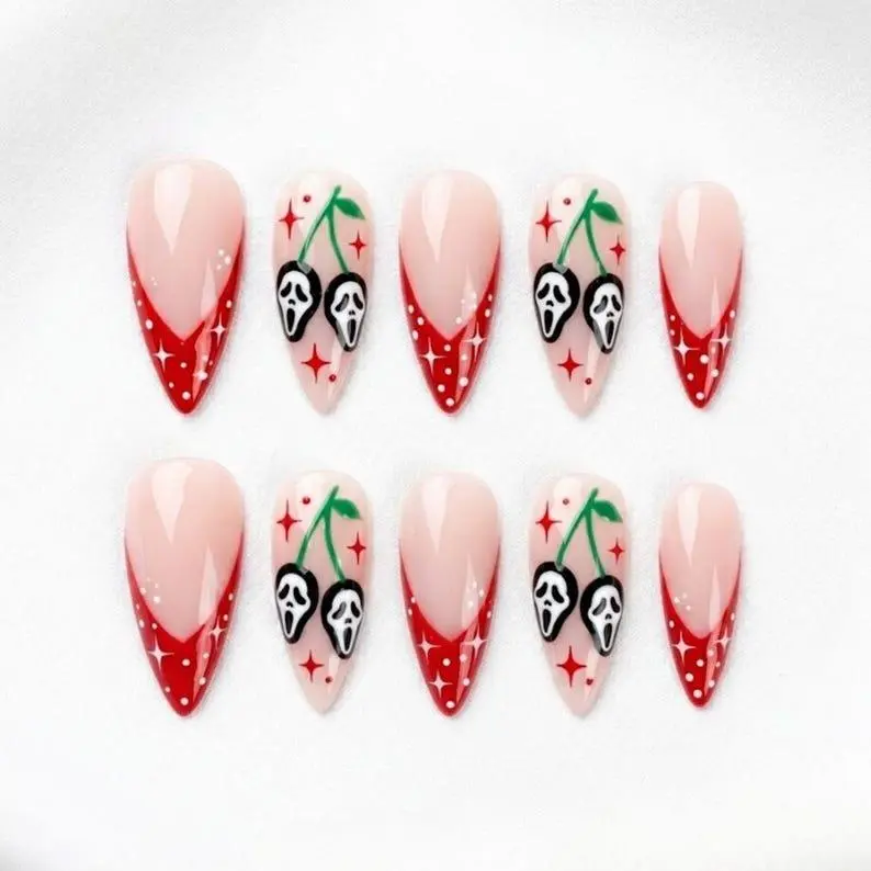 Ghostface cherry red french tip press on nails, spooky cute medium almond Halloween fake manicure