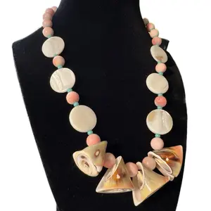 Shell Necklace - Dyed Pink Quartz Beads with Natural Shell Accents and Conch Shell Charms