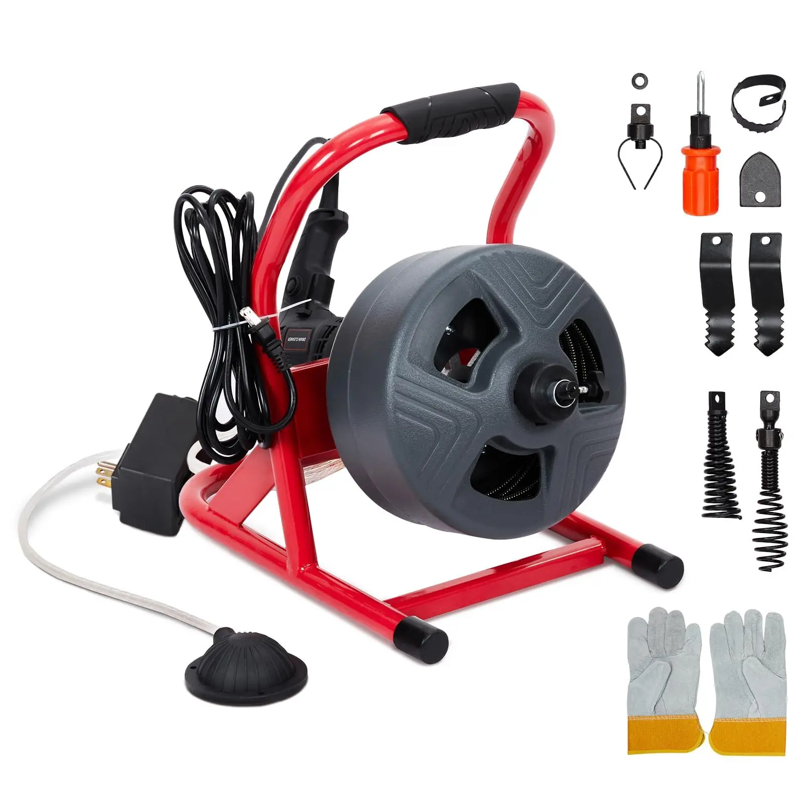 Drain Cleaner Machine 50Ft x 5/16 Inch, Electric Drain Auger with Foot Switch, Sewer Snake for 3/4 to 3 Inch Pipes, Includes 6 Cutters & Gloves