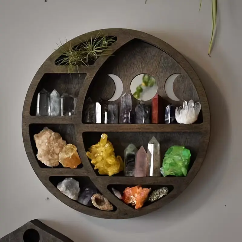Crystal Wooden Moon Shelf – Crescent & Round Display Shelf for Crystals, Décor & Small Collectibles (Round & Moon Set)