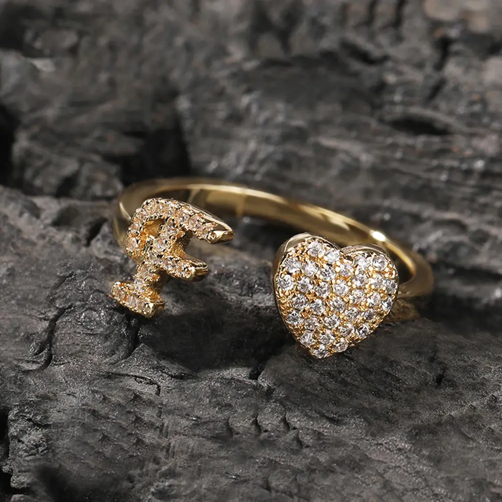 14K Gold Plated Initial Rings for Women, Open Alphabet Adjustable Letter Heart Rings, Personalized Jewelry Gift for Women Men