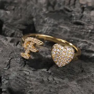 14K Gold Plated Initial Rings for Women, Open Alphabet Adjustable Letter Heart Rings, Personalized Jewelry Gift for Women Men