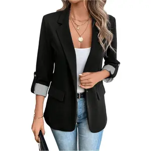 Women's Roll Up Sleeve Single Button Office Blazer Lapel Neck Elegant Business Jacket Work Outerwear Formal Suit Black Fitted Minimalist Style for Spring Autumn OL Office Wear Clothes Dress