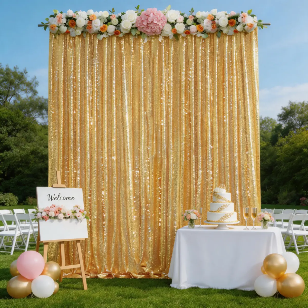 Gold Sequin Luxe Backdrop Curtains 1 Pcs 7ftx7ft, Sparkle Glitter Fabric for Wedding Arch, Baby Shower, Candy Buffet, Anniversary, Photography Background