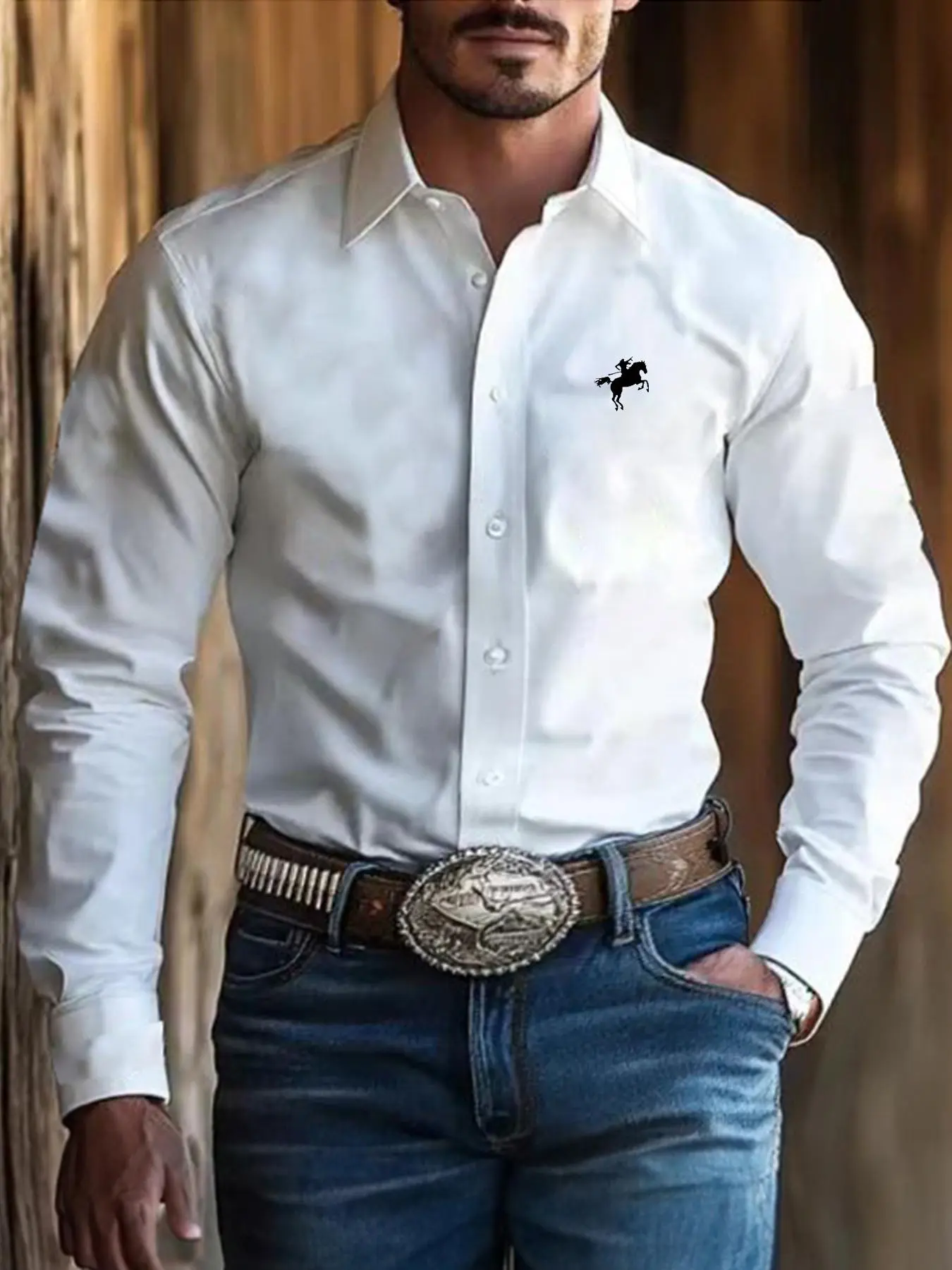 Men's Regular Fit Horse Print Casual Pattern Long Sleeve Dress Shirt, Casual Button Up Collared Comfy Western Style Classic Country Shirt for Daily Outdoor Wear, Men Clothes for Spring Fall, Button Front Shirt, Top