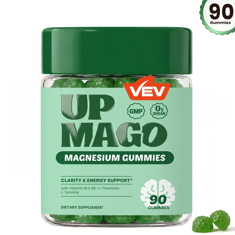 VEV UPMAGO Magnesium Malate Gummies - 90ct, Vegan Chewable Mineral & Blended Vitamins, L-Theanine, L-Tyrosine, B1+B6, Sugar-Free Dietary Supplement
