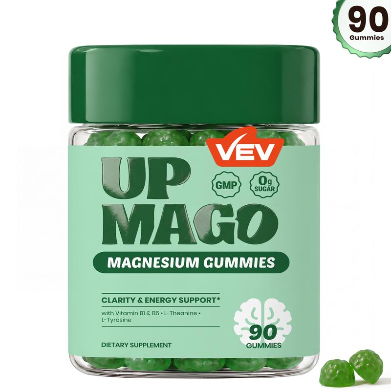 VEV UPMAGO Magnesium Malate Gummies - 90ct, Vegan Chewable Mineral & Blended Vitamins, L-Theanine, L-Tyrosine, B1+B6, Sugar-Free Dietary Supplement