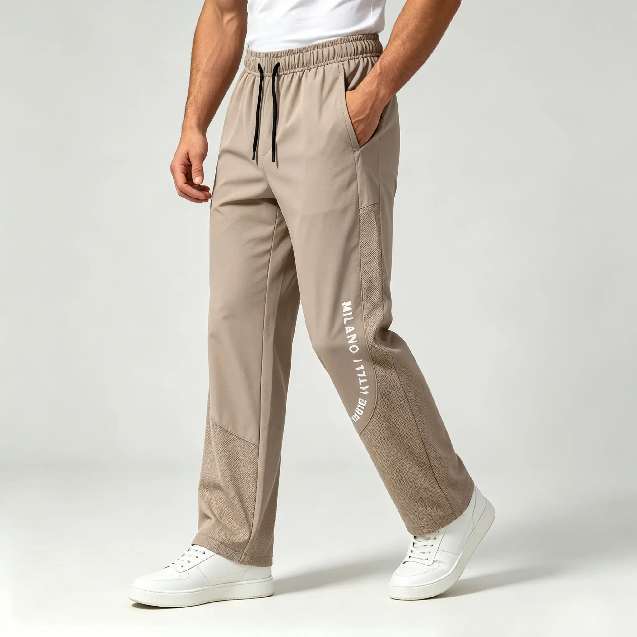 Men’s ice silk paneled straight-leg athletic long pants for spring/autumn, elastic drawstring waist, breathable mesh casual pants, letter print versatile quick-dry long pants
