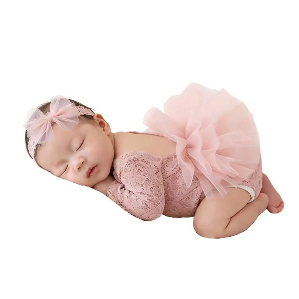 Newborn Photography Lace Puff Dress Baby Girl Photo Prop Onesie with Headband Cute Infant Photography Set Newborn Outfits Set Gift Sets