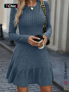 Women's Casual Wear Slim-Fit Long Sleeve Dress, Plain A-Line Design, Moderate Fabric, Perfect for Fall & Winter Seasons