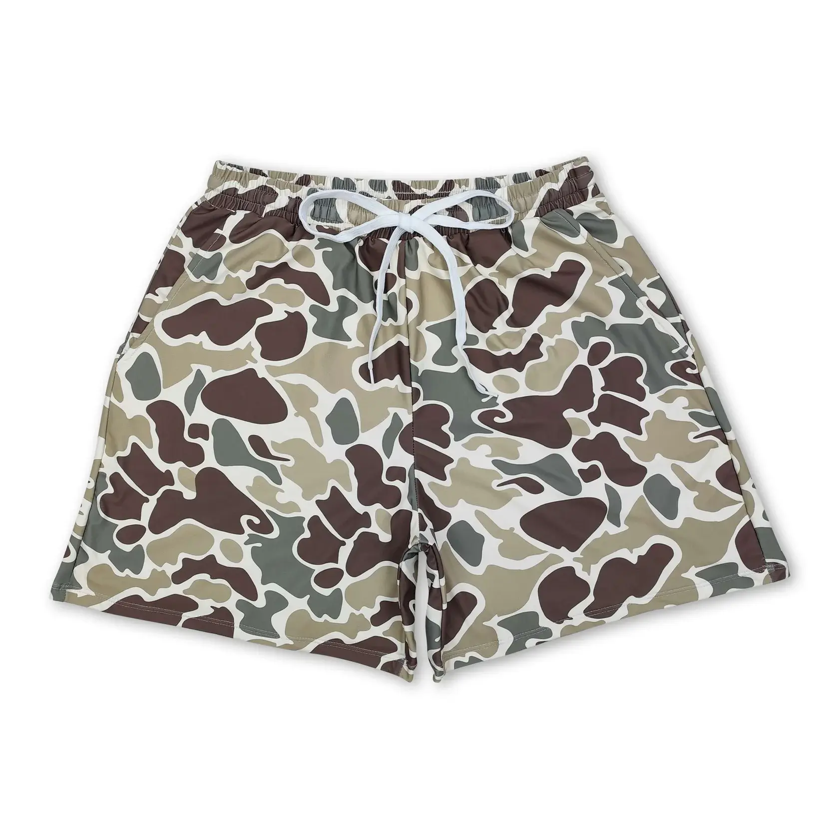 Men's Regular Fit Brown Beige Camo Swim Shorts, Above-Knee Casual Trunks for Beach or Pool with Pockets & Elastic Drawstring Waist