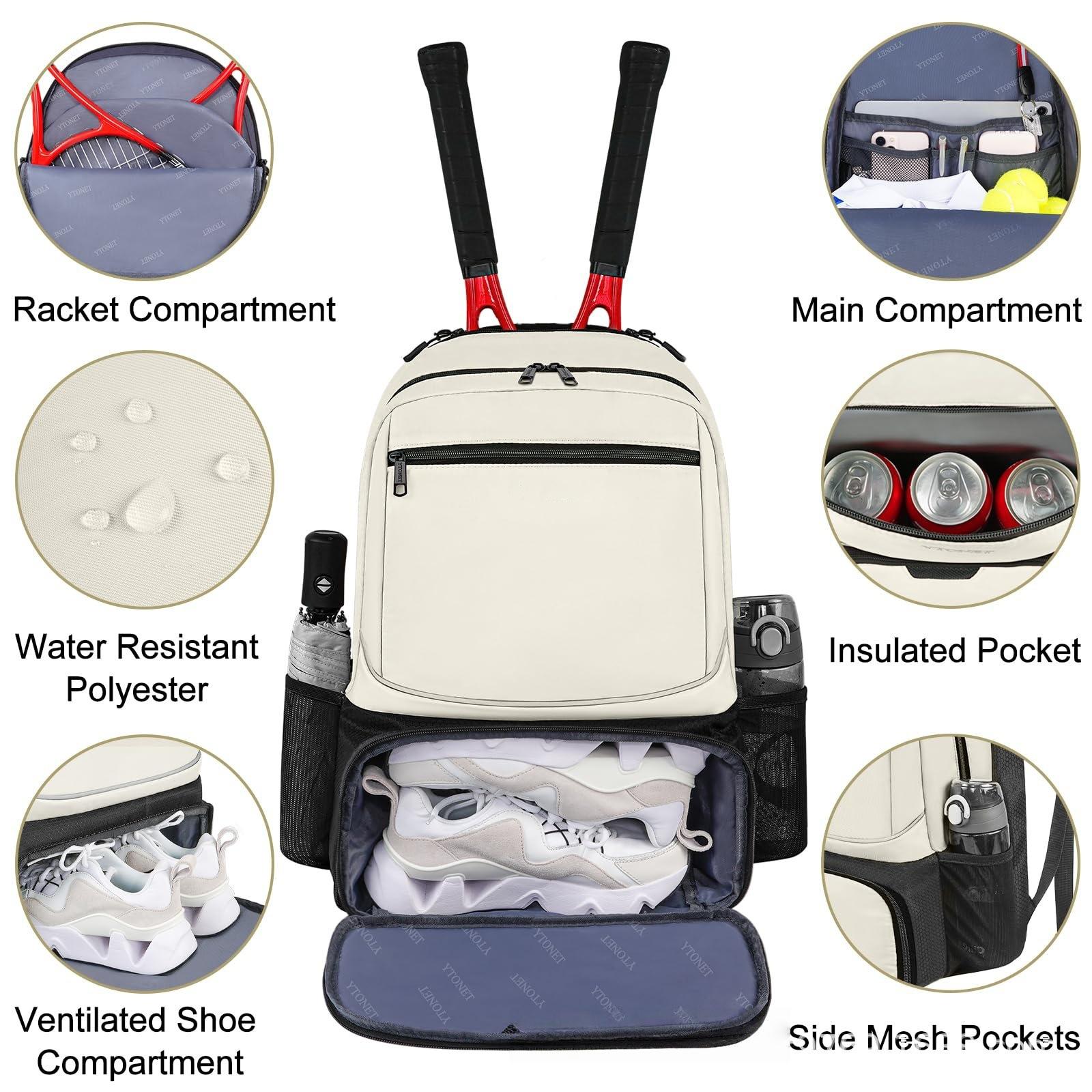 NEW Large Capacity Tennis Backpack Sports Racket Pack Holds 1-2 Tennis Rackets Outdoor Badminton Bag With Shoe Pocket Beige,Mother's Day Gift