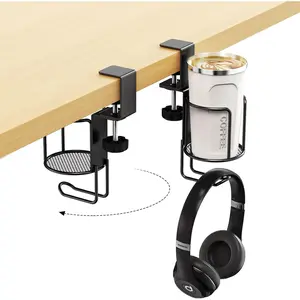 CABTE 2 in 1 Desk Cup Holder with Headphone Hanger Holder, Anti-Spill Clip-On Table Cup Hook with 360 °   Rotation for Lawn Chair, Office Home Gaming Table (1 Pack)