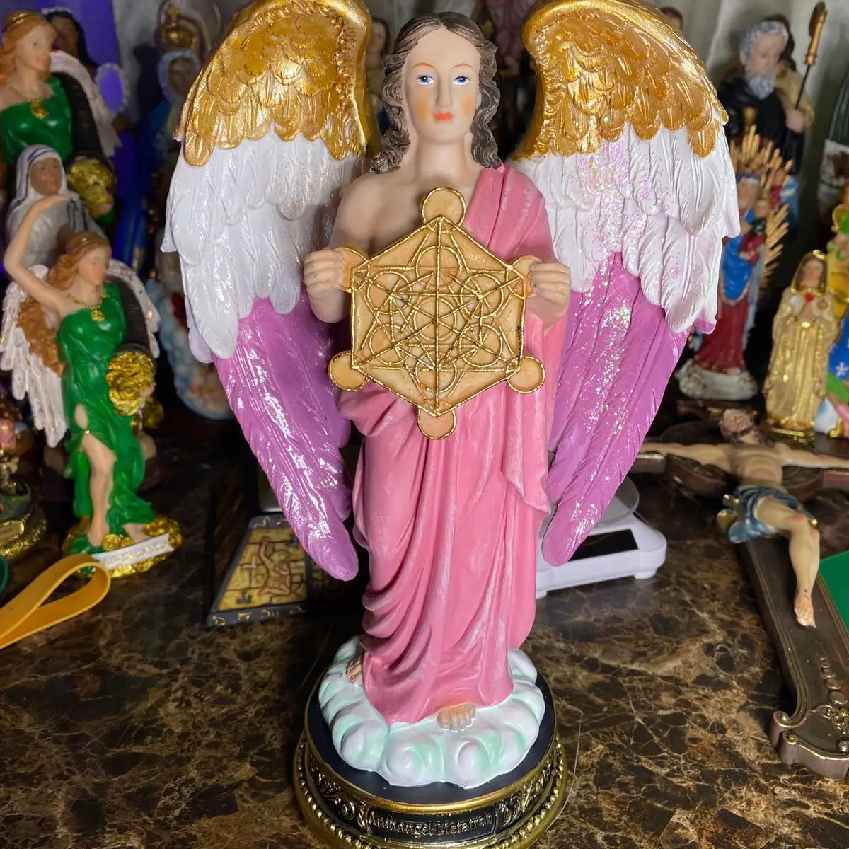 Metatron Angel Orthodox Religious Resin Statue Figurine 12 “ pink gold Decor Heaven Ornaments