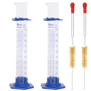 2Pcs 100ml Graduated Cylinder, Thick Glass Measuring Cylinder, with Anti-Falling Plastic Base and Bumper Guards, for Science Laboratory Measuring Liquid, Bring 2 Brushes and droppers