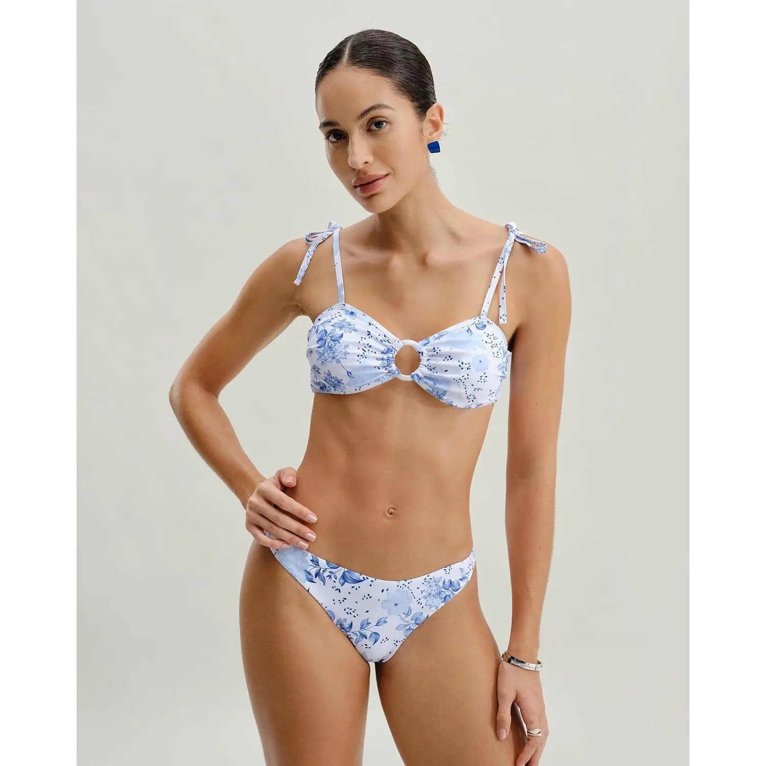 rihoas Women's White Floral 2-Piece Drawstring Bikini Set, Triangle Top with Backless Tie Straps, Removable Cups, Tie Side Bottom, Polyester Blend Fabric, Tie Side Bikini